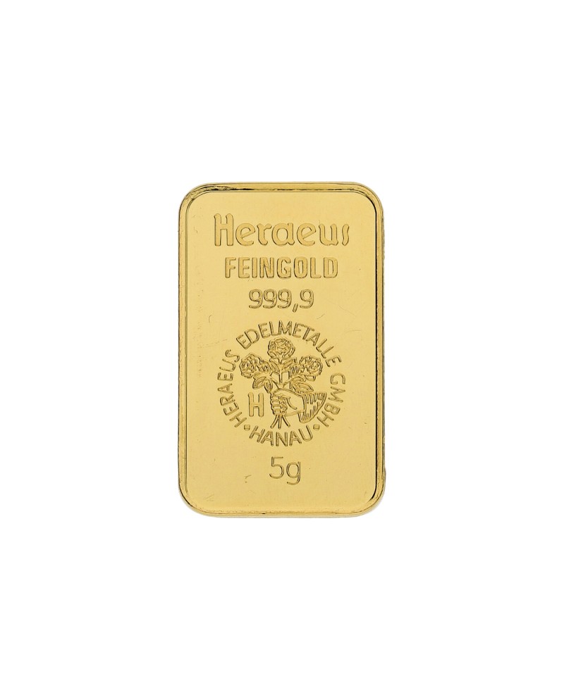 Lingot d'or Heraeus 5 grammes d'or fin 999,9 frappé GB-GP-5.00G-AGH-LTO