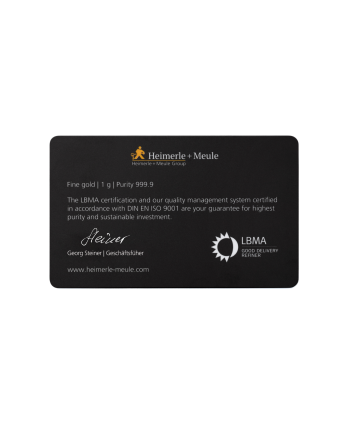 Lingot d'or 1 gramme Heimerle+Meule Feingold 999,9 certifié LBMA GB-2026-25-1g