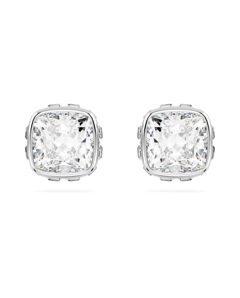 Boucles d'oreilles clous Swarovski Birthstone 5661957 taille coussin, avril, blanc, plaqué rhodium